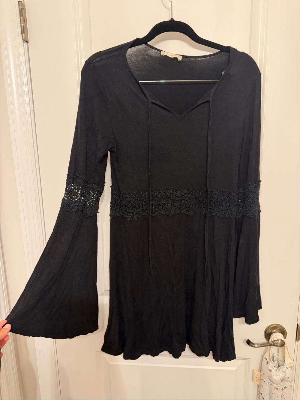 Altar'd State Black Lace-Trim Bell Sleeve Mini Dress